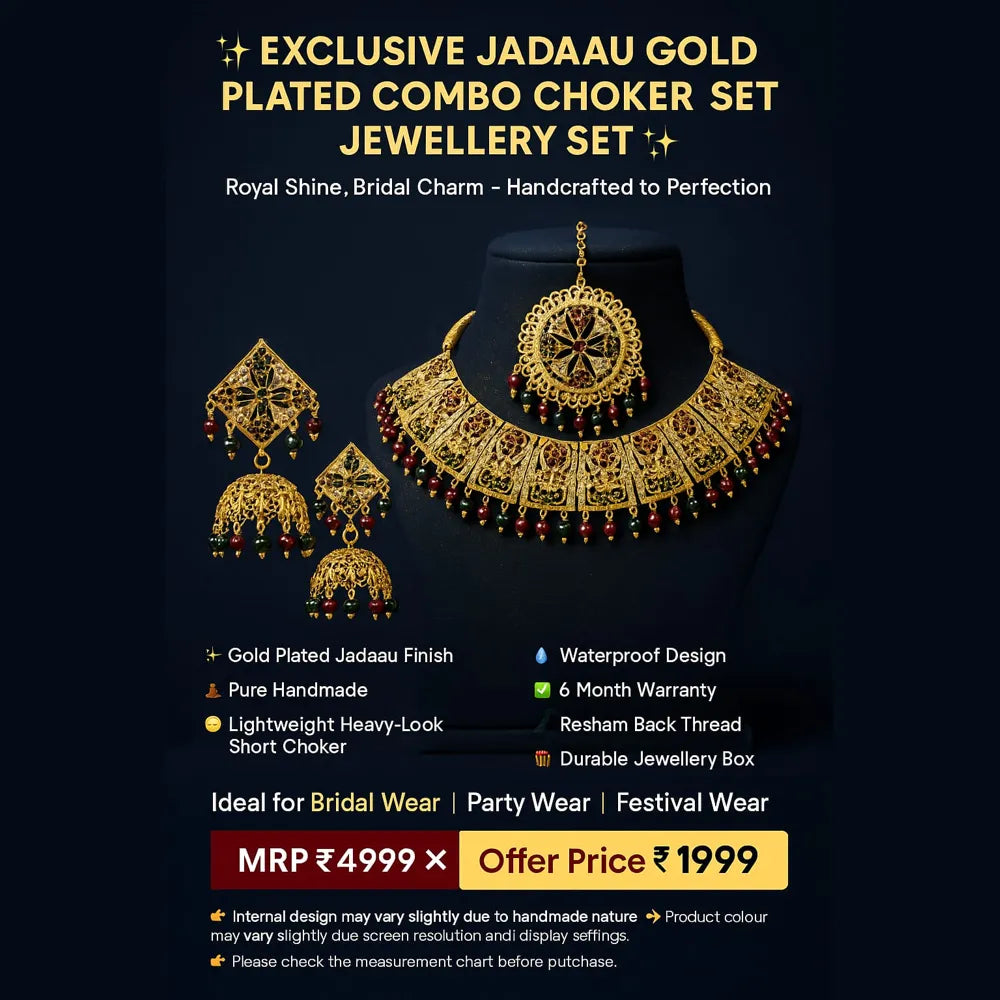 Exclusive Jadau Gold-Plated Bridal Choker Necklace Set with Earrings Maangtika One Gram Gold Look Handmade by RealGold Jewellery Workers