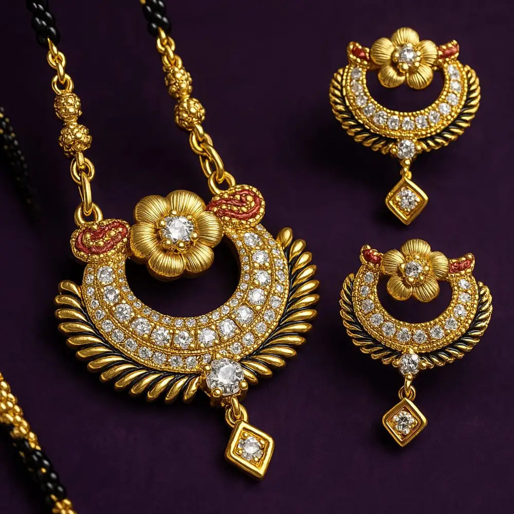 Product image of Premium Jadau Gold Plated Mangalsutra Set with Earrings | Handmade One Gram Gold Jewellery | RealGold Finish – image 1