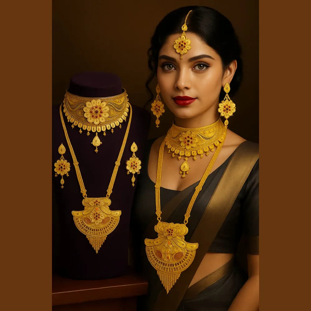 Product image of Royal Bridal OneGram Gold Combo Jewellery Set | Long & Short Necklace with Earrings, Mangtika & Choker | Handmade RealGo…