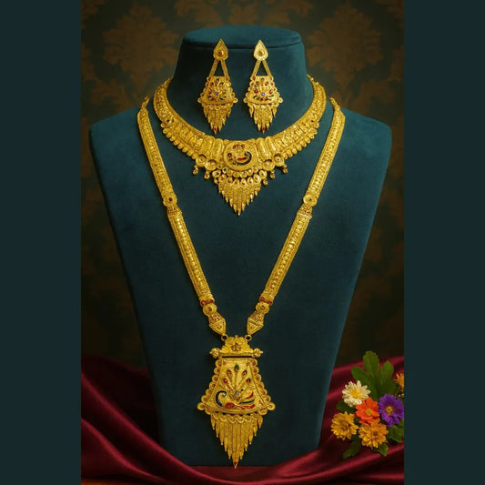 Product image of Peacock Design OneGram Gold Combo Jewellery Set | Handmade RealGold Look Long & Short Necklace with Earrings – image 1