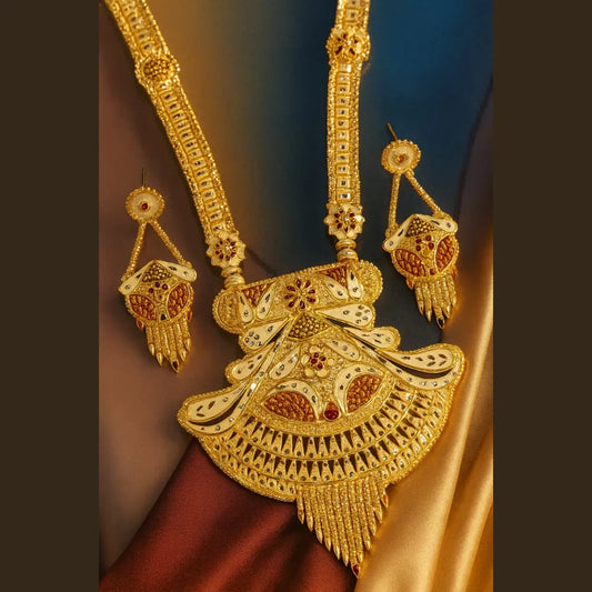 Product image of Handmade Long OneGram Gold Ranihaar Necklace Set | RealGold Finish Antique Design with Earrings – image 1