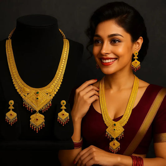 OneGram gold plated long necklace set on blue dummy with matching earrings, traditional temple jewellery with ruby and emerald beads for bridal wear.
