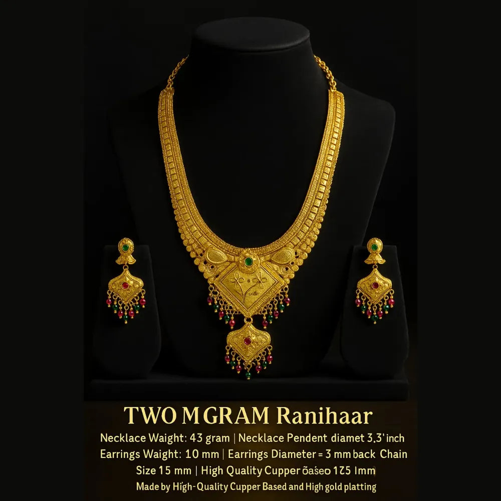 Indian woman wearing OneGram gold temple long necklace set with ruby green beads and matching earrings, perfect for bridal and festive looks.