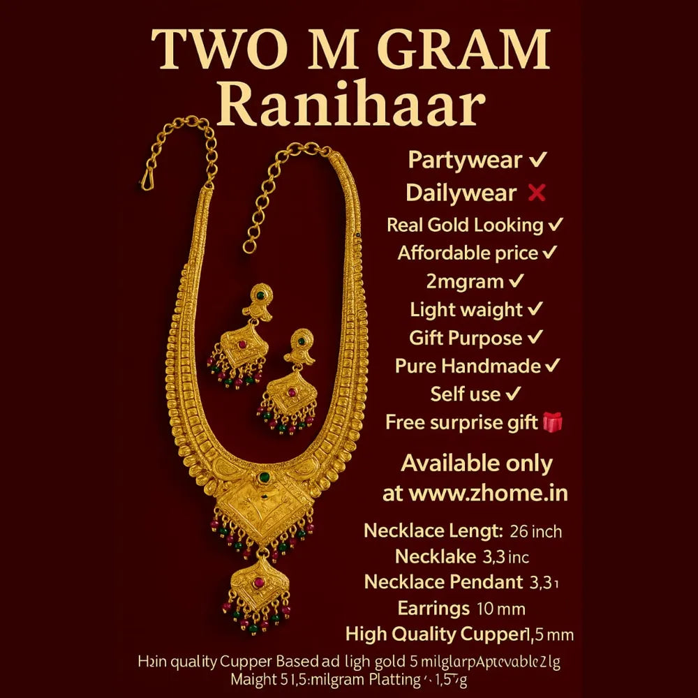Handmade OneGram gold plated necklace set with earrings placed on red and golden satin background, real gold look temple jewellery design.