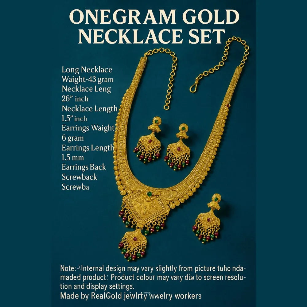 Close-up of OneGram gold necklace pendant with intricate temple design, ruby and emerald bead drops, showcasing RealGold fine workmanship.