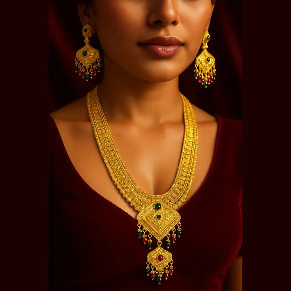 OneGram gold necklace set with detailed specifications poster, handmade RealGold finish jewellery with screw-back earrings and 26 inch chain.
