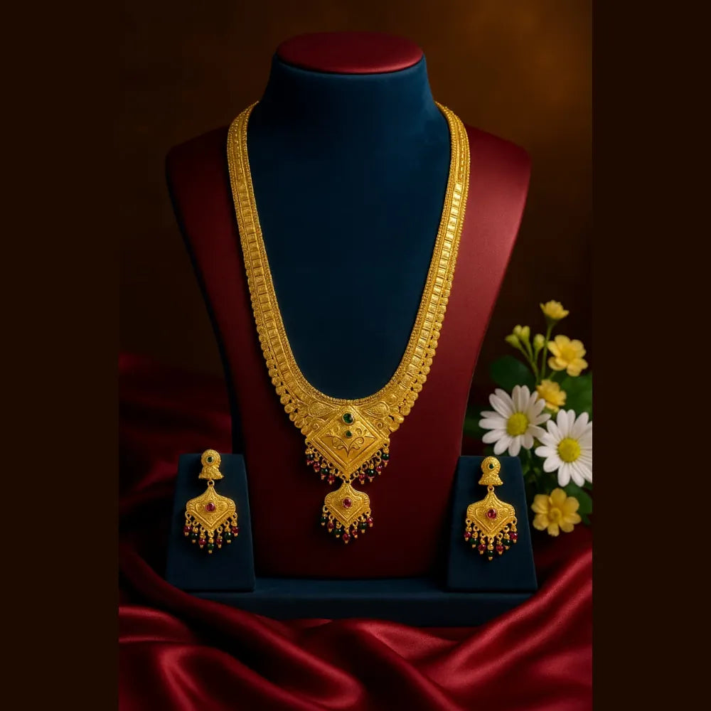 Two milligram Ranihaar jewellery poster showing long necklace and earrings, handmade RealGold look lightweight bridal necklace set.