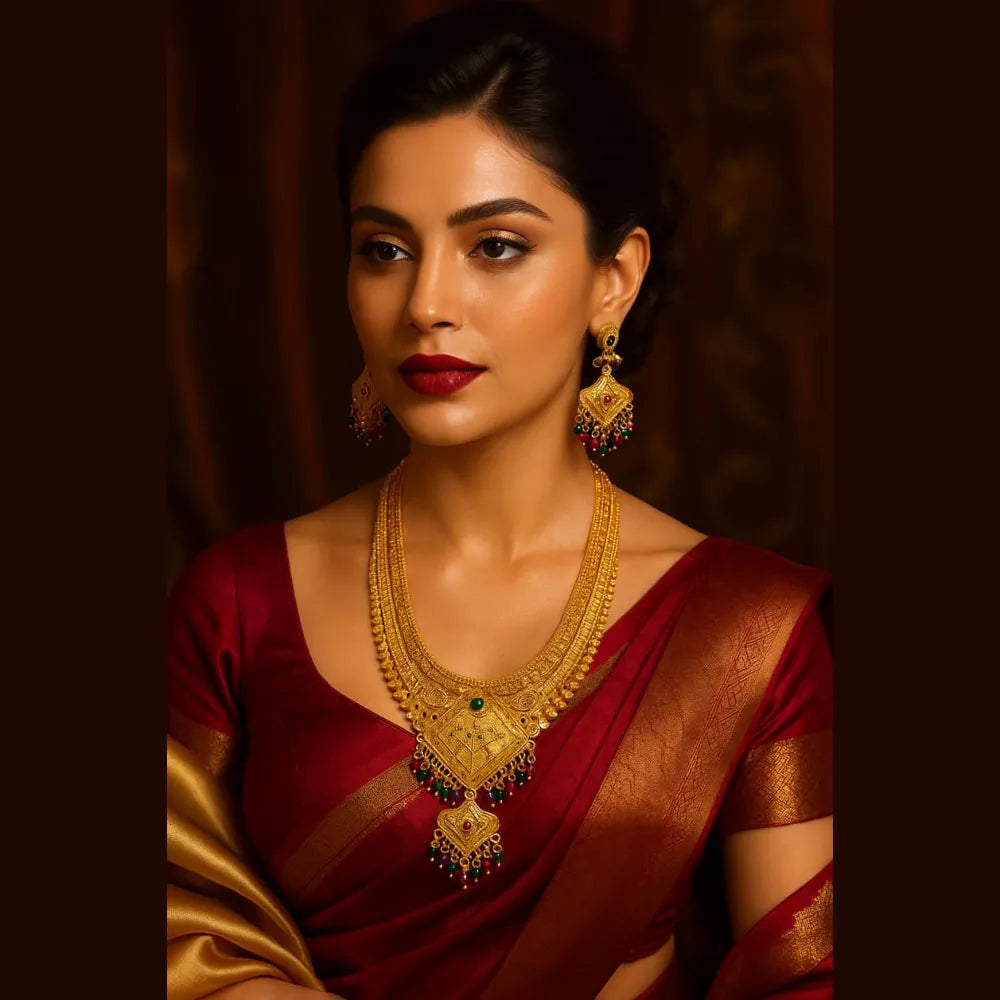 OneGram gold plated temple style long necklace set on black dummy, RealGold glossy finish bridal jewellery with green and red stone drops.