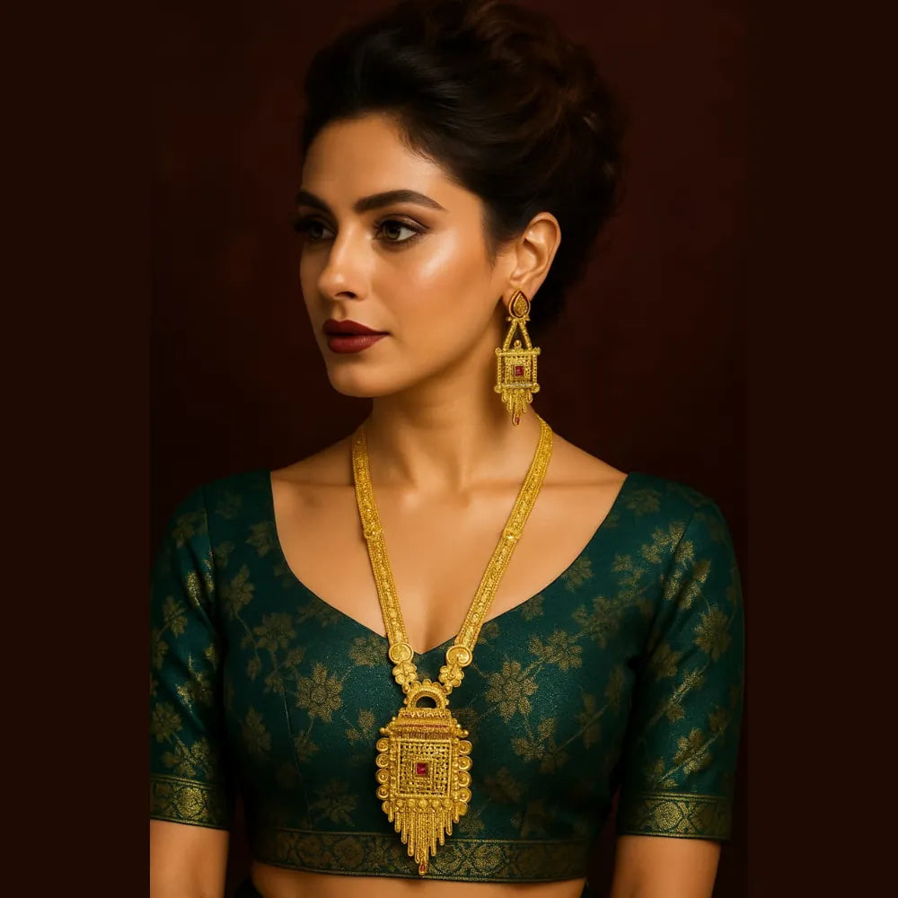 Close-up of handmade temple design Ranihaar necklace with ruby pendant and model wearing same set in green saree, RealGold finish jewellery.