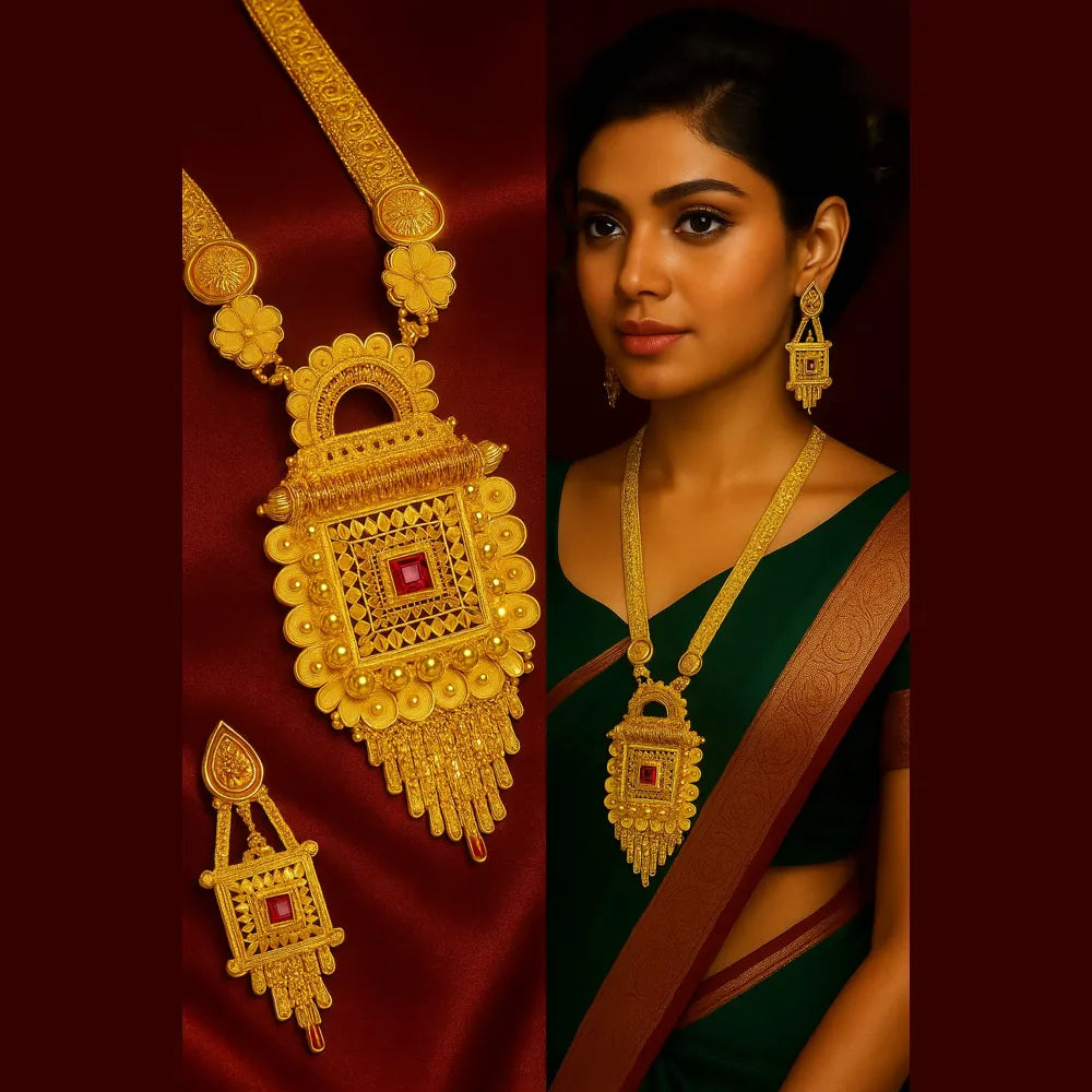 Close-up of Indian woman wearing RealGold look Ranihaar gold necklace and earrings, two milligram plated temple design jewellery for weddings.