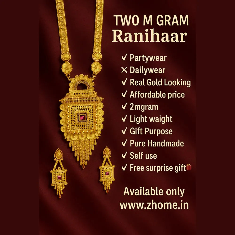 Two milligram gold Ranihaar jewellery poster showing long necklace and earrings, RealGold look handmade bridal set with festive offer highlights.