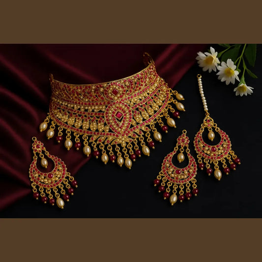 Product image of Royal Red Crystal Choker Necklace Set with Earrings – Handmade Gold-Plated Bridal Jewellery – image 1