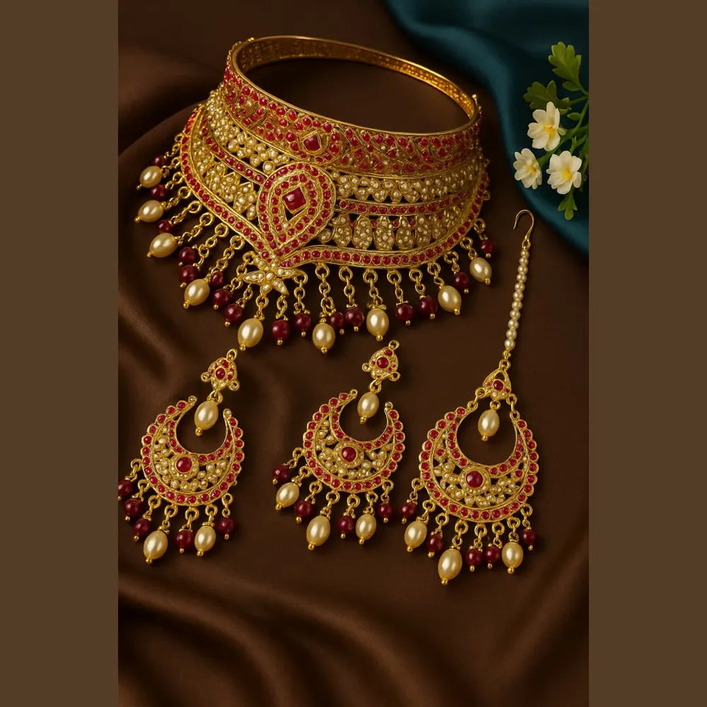 Product image of Royal Red Crystal Choker Necklace Set With Earrings Handmade Gold Plated Bridal Jewellery Copy – image 2