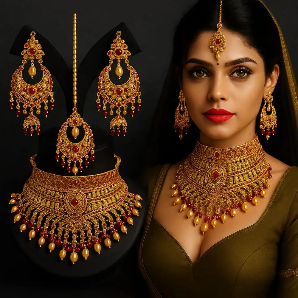Product image of Royal Red Crystal Choker Necklace Set With Earrings Handmade Gold Plated Bridal Jewellery Copy – image 3