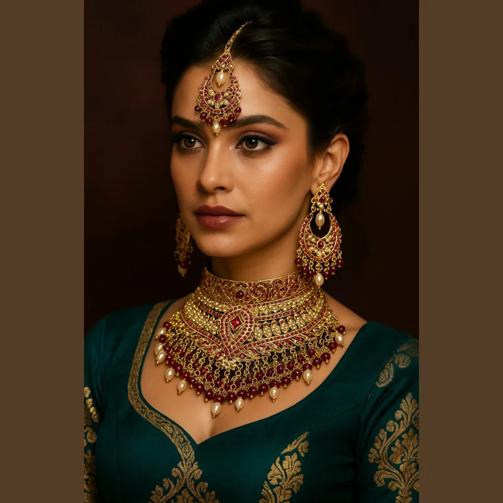 Product image of Royal Red Crystal Choker Necklace Set With Earrings Handmade Gold Plated Bridal Jewellery Copy – image 4