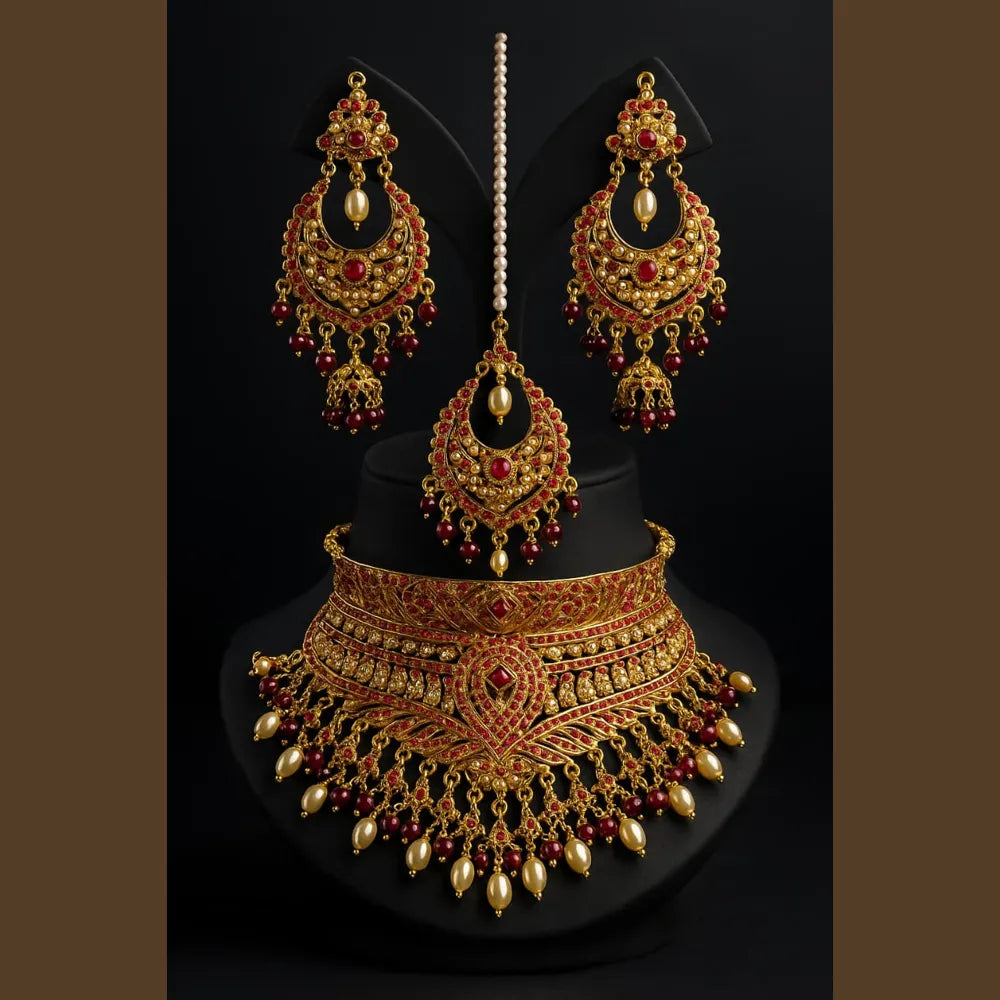 Product image of Royal Red Crystal Choker Necklace Set With Earrings Handmade Gold Plated Bridal Jewellery Copy – image 6