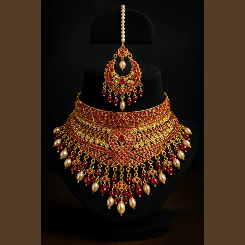 Product image of Royal Red Crystal Choker Necklace Set With Earrings Handmade Gold Plated Bridal Jewellery Copy – image 7