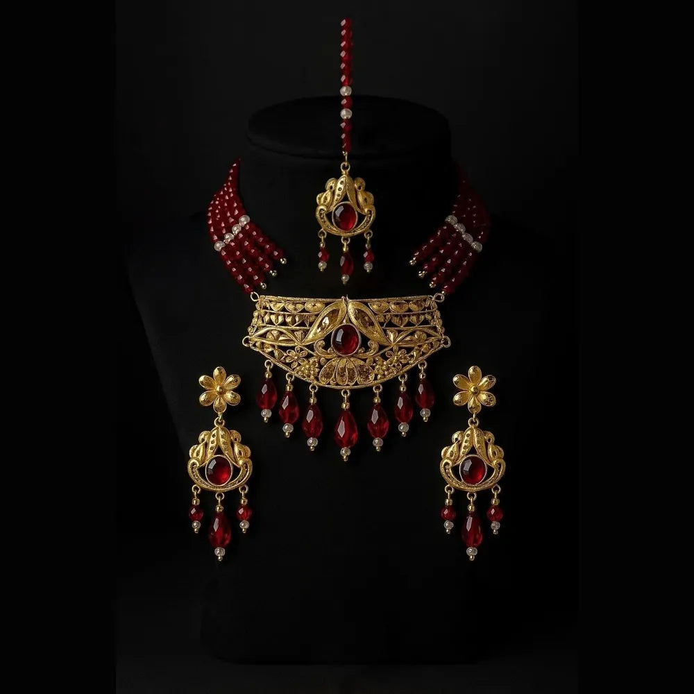 Onegram Gold Jewellery Set by Zhome – handcrafted RealGold finish necklace and earrings for women.