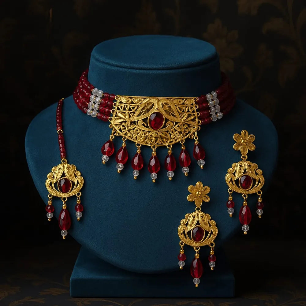 Dark Maroon Crystal Choker Combo Jewellery Set by Zhome – RealGold plated bridal jewellery