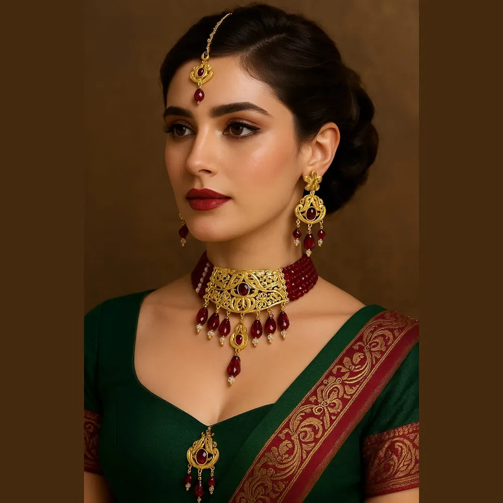 Zhome RealGold look short choker with red crystals and gold detailing – perfect for wedding wear.