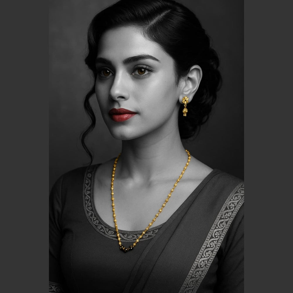 ZHOME Model Wearing Short Mangalsutra – Elegant dailywear gold-plated black bead design