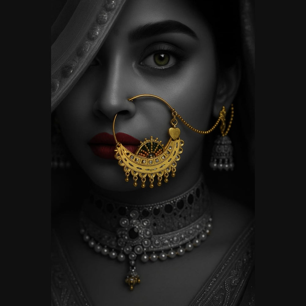 ZHOME Royal Bridal OneGram Gold Nathiya – Handmade RealGold Finish Nose Ring with Support Chain