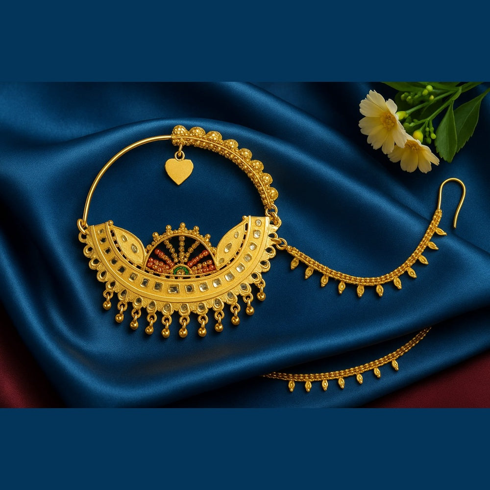 ZHOME Royal Bridal OneGram Gold Nathiya – Handmade RealGold Finish Nose Ring with Support Chain