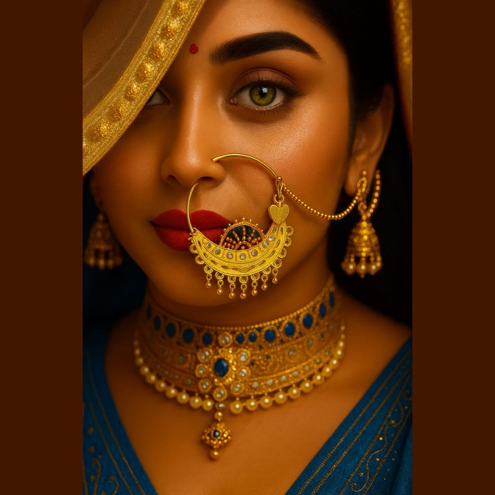 ZHOME Royal Bridal OneGram Gold Nathiya – Handmade RealGold Finish Nose Ring with Support Chain