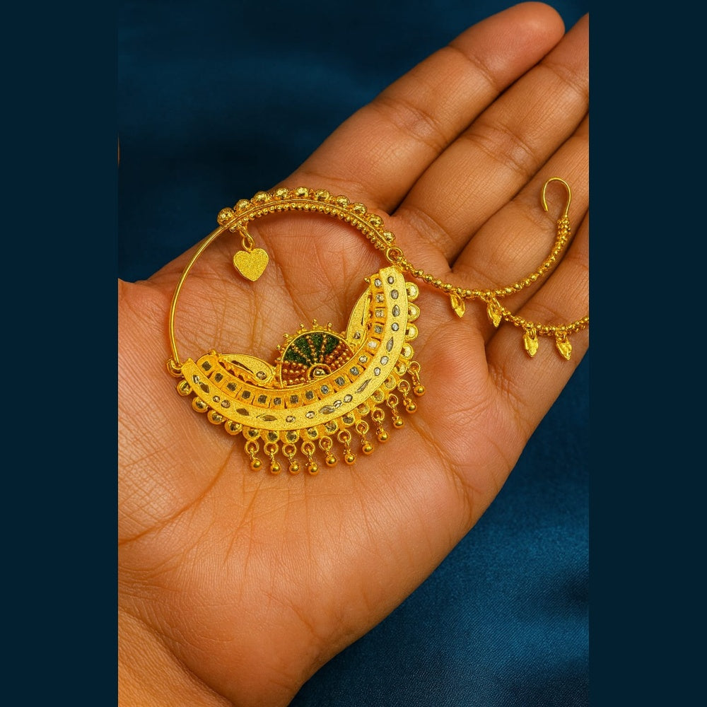 ZHOME Royal Bridal OneGram Gold Nathiya – Handmade RealGold Finish Nose Ring with Support Chain