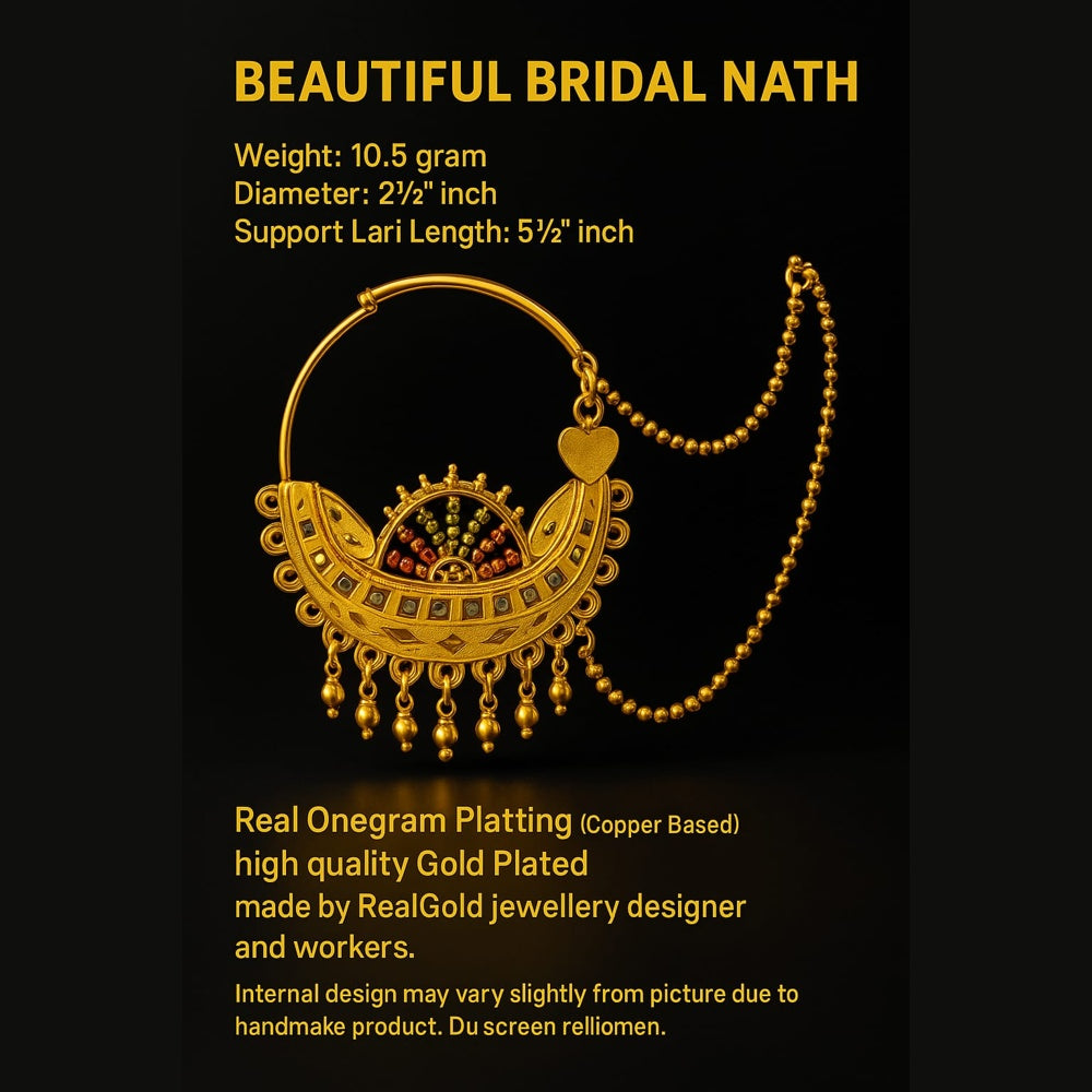 ZHOME Royal Bridal OneGram Gold Nathiya – Handmade RealGold Finish Nose Ring with Support Chain