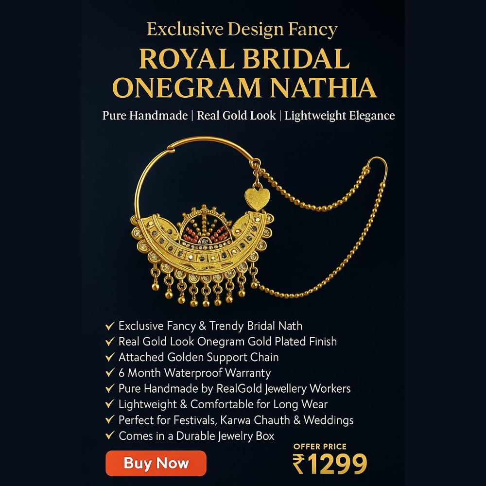 ZHOME Royal Bridal OneGram Gold Nathiya – Handmade RealGold Finish Nose Ring with Support Chain