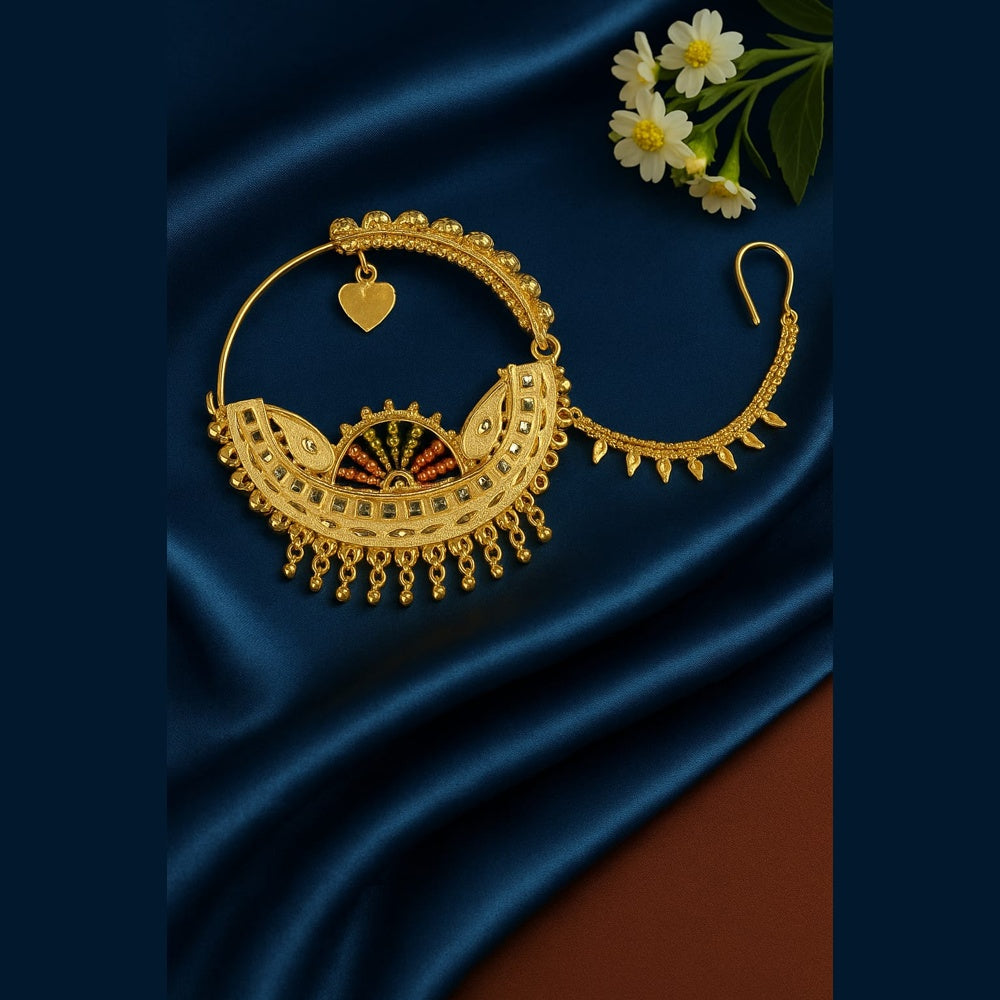 ZHOME Royal Bridal OneGram Gold Nathiya – Handmade RealGold Finish Nose  Ring with Support Chain