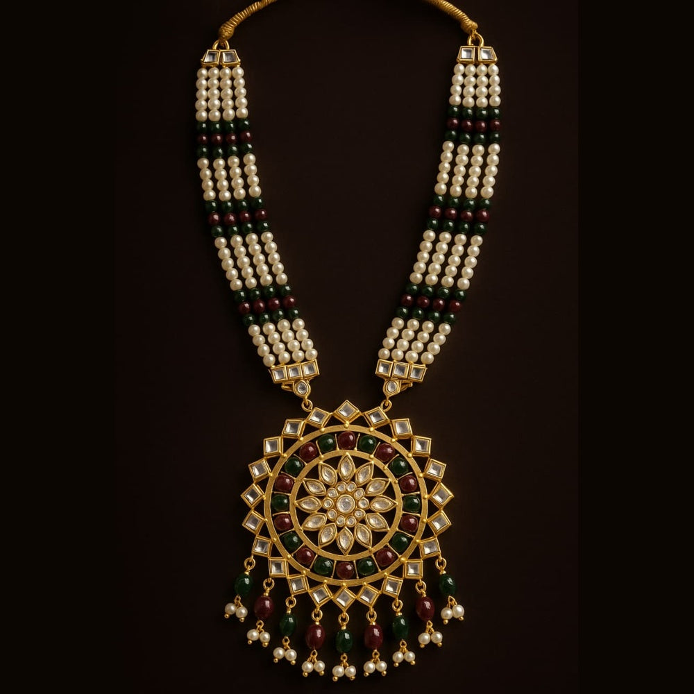 ZHOME Close-Up of Beaded Pearl and Emerald Kundan Detailing – Handmade Luxury Work