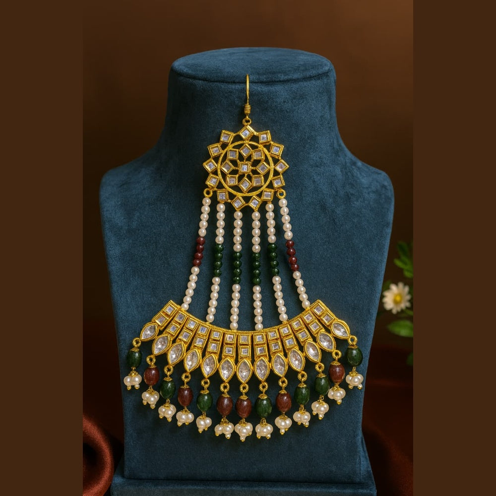 ZHOME Jhoomar Close-Up – Kundan, Pearl & Green Bead Design with RealGold Shine