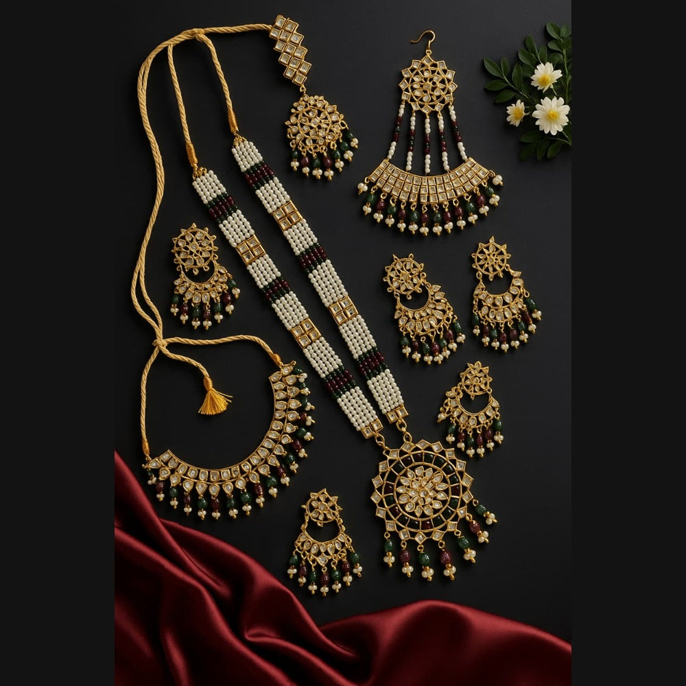 ZHOME Complete Jewellery Set Flat Lay – Long & Short Necklace, Earrings, Maangtika, Jhoomar