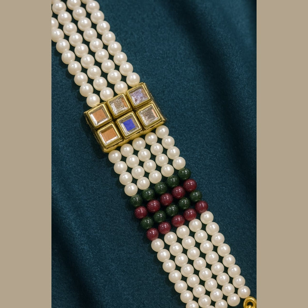 ZHOME Close-Up of Beaded Pearl and Emerald Kundan Detailing – Handmade Luxury Work