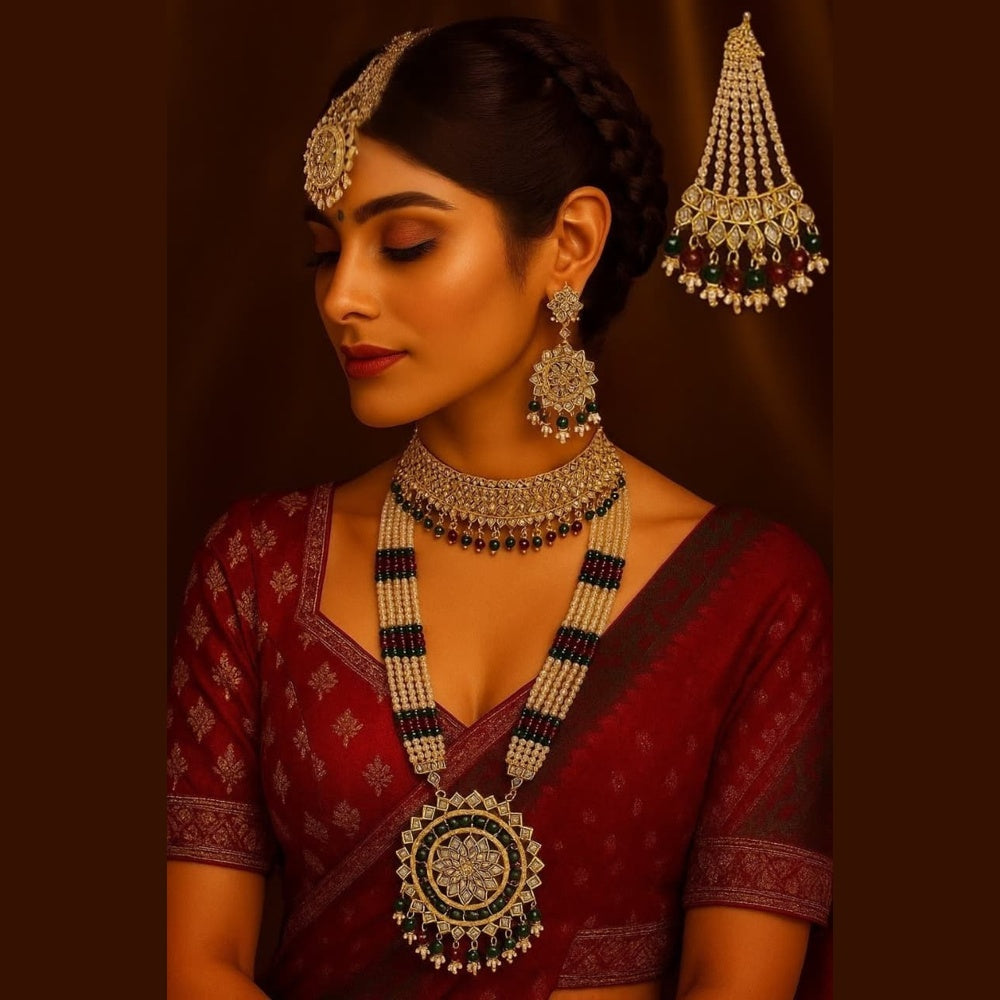ZHOME Bride Model in Maroon Saree Wearing Jadau Lucknowi Set – RealGold Handmade Finish