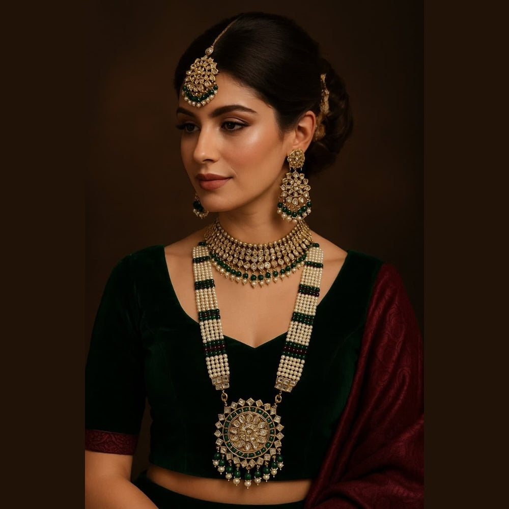 ZHOME Model Wearing Royal Bridal Jadau Lucknowi Set – Long & Short Necklace Combo