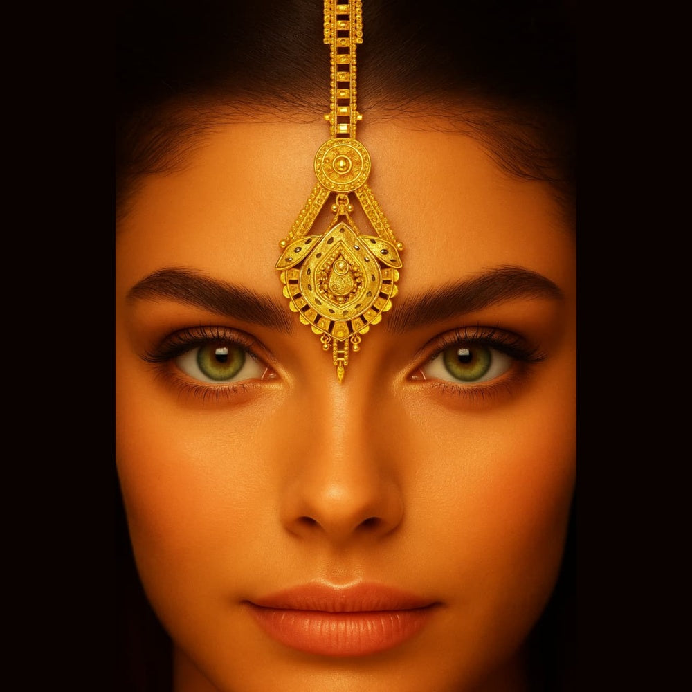 Bridal model wearing Zhome Onegram Gold-Plated Mangtika – glossy gold shine handmade jewellery