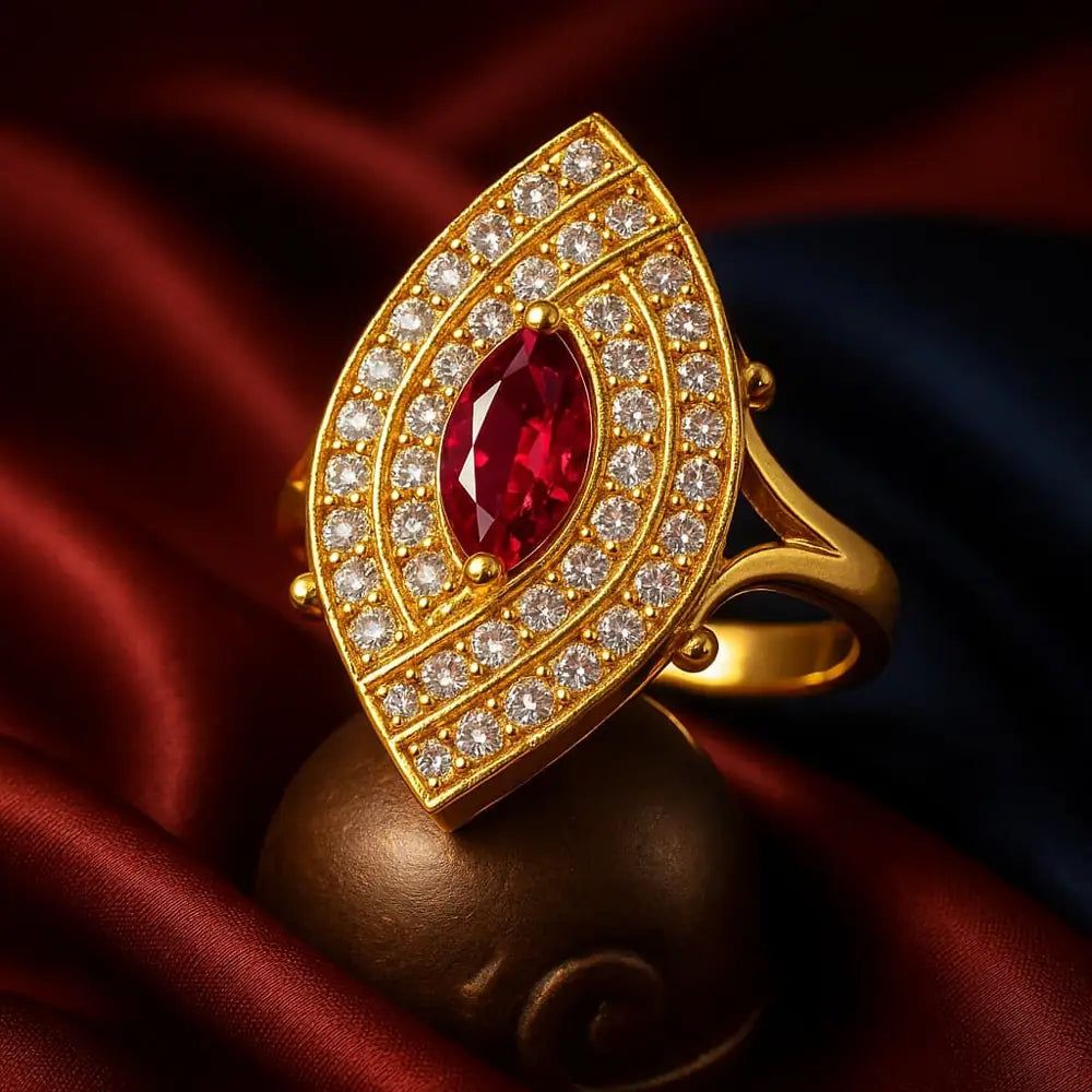 Women’s red stone statement ring with real gold plating, handcrafted on a copper and brass base. Features a bold red zircon stone surrounded by shimmering white crystals for a luxurious look. Adjustable, durable, and elegant – from ZHome, Real, Good-Looking Jewellery.