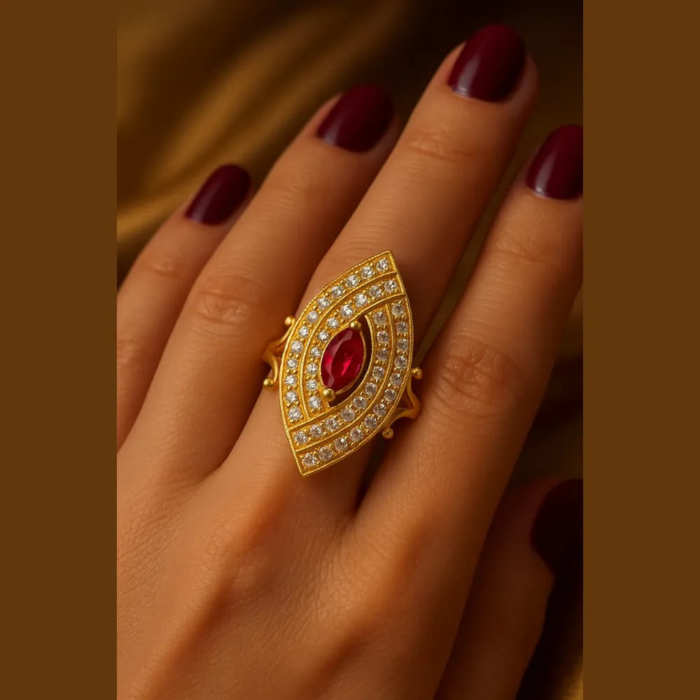 Women’s red stone statement ring with real gold plating, handcrafted on a copper and brass base. Features a bold red zircon stone surrounded by shimmering white crystals for a luxurious look. Adjustable, durable, and elegant – from ZHome, Real, Good-Looking Jewellery.