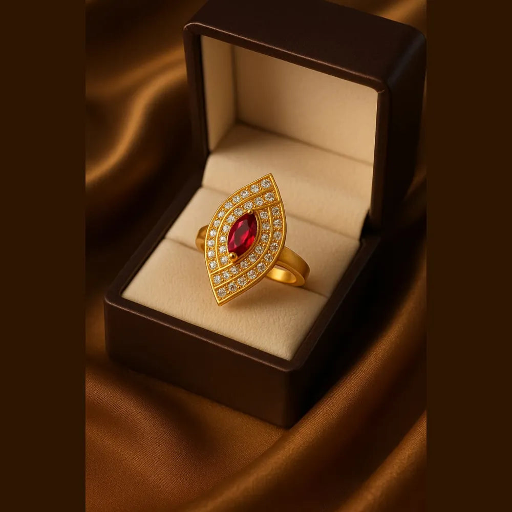 Women’s red stone statement ring with real gold plating, handcrafted on a copper and brass base. Features a bold red zircon stone surrounded by shimmering white crystals for a luxurious look. Adjustable, durable, and elegant – from ZHome, Real, Good-Looking Jewellery.