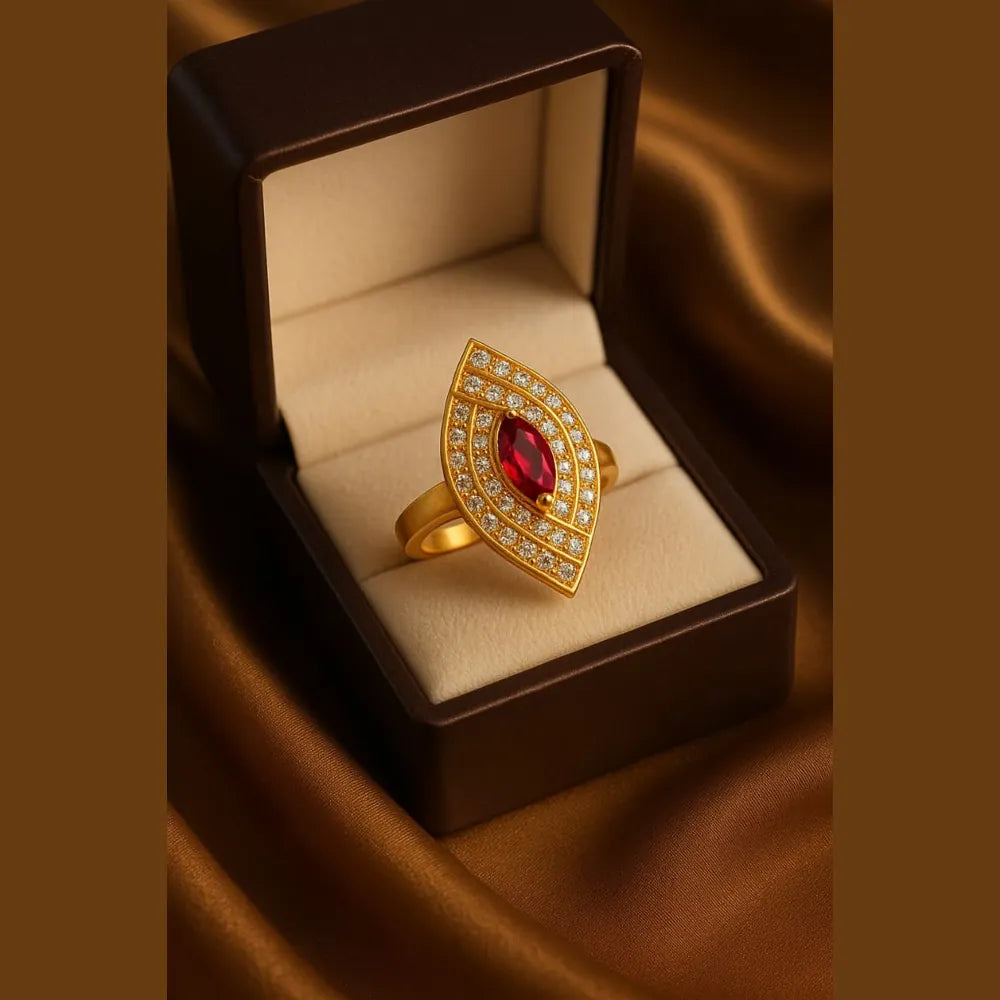 Women’s red stone statement ring with real gold plating, handcrafted on a copper and brass base. Features a bold red zircon stone surrounded by shimmering white crystals for a luxurious look. Adjustable, durable, and elegant – from ZHome, Real, Good-Looking Jewellery.
