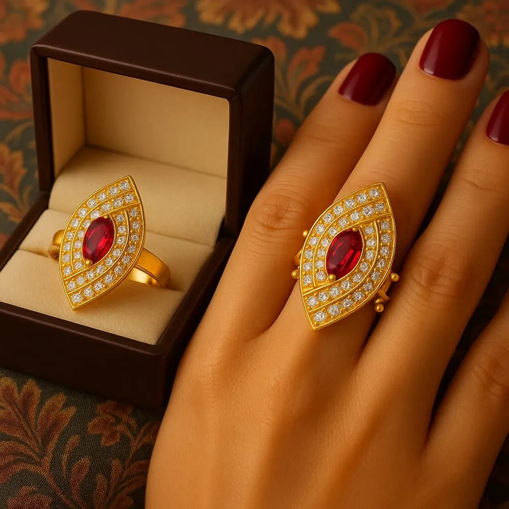 Women’s red stone statement ring with real gold plating, handcrafted on a copper and brass base. Features a bold red zircon stone surrounded by shimmering white crystals for a luxurious look. Adjustable, durable, and elegant – from ZHome, Real, Good-Looking Jewellery.