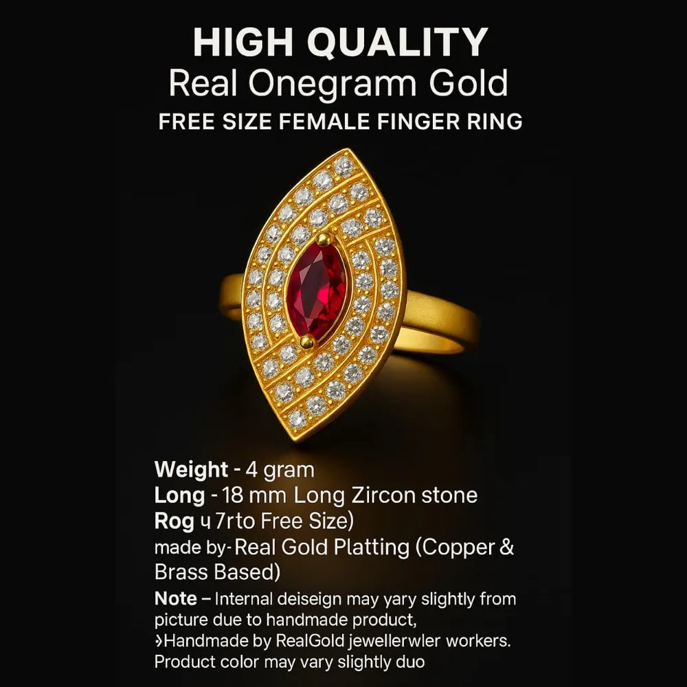 Women’s red stone statement ring with real gold plating, handcrafted on a copper and brass base. Features a bold red zircon stone surrounded by shimmering white crystals for a luxurious look. Adjustable, durable, and elegant – from ZHome, Real, Good-Looking Jewellery.