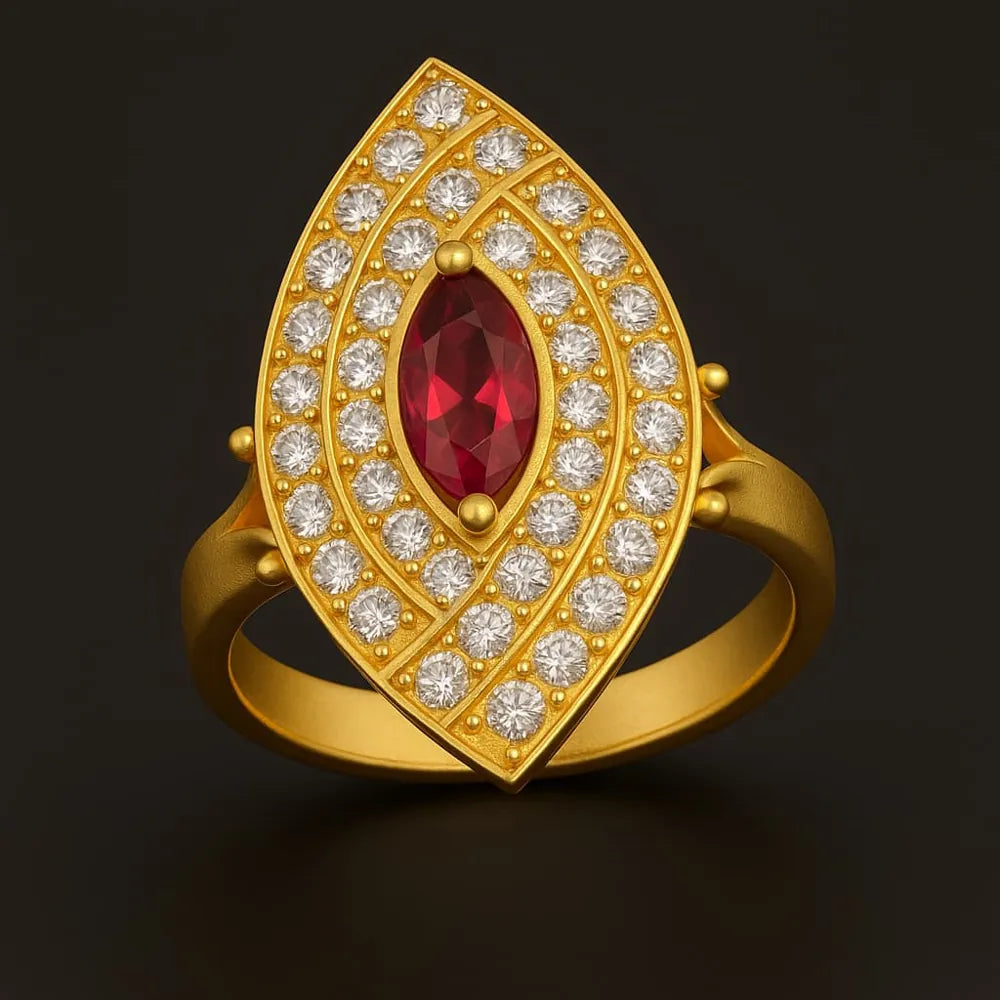 Women’s red stone statement ring with real gold plating, handcrafted on a copper and brass base. Features a bold red zircon stone surrounded by shimmering white crystals for a luxurious look. Adjustable, durable, and elegant – from ZHome, Real, Good-Looking Jewellery.