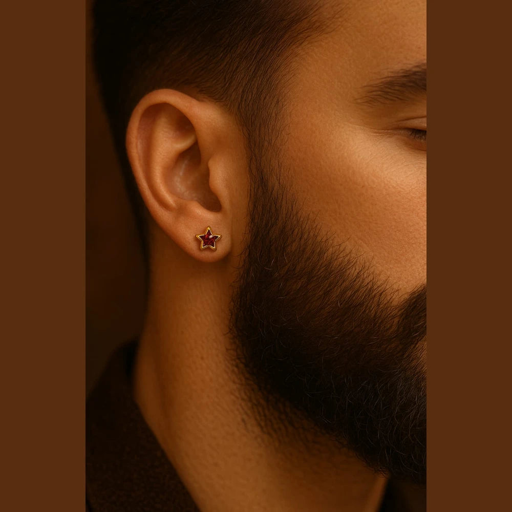 Unisex Gold Plated Star Earrings on Model’s Ear – Zhome