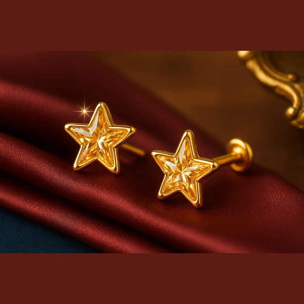 Women’s yellow star crystal stud earrings with real gold plating, handcrafted on a copper and brass base. These pushback earrings feature a bright yellow gemstone in a star shape that adds elegance and radiance to your look. Perfect for daily wear, parties, or gifting – from ZHome, Real, Good-Looking Jewellery.