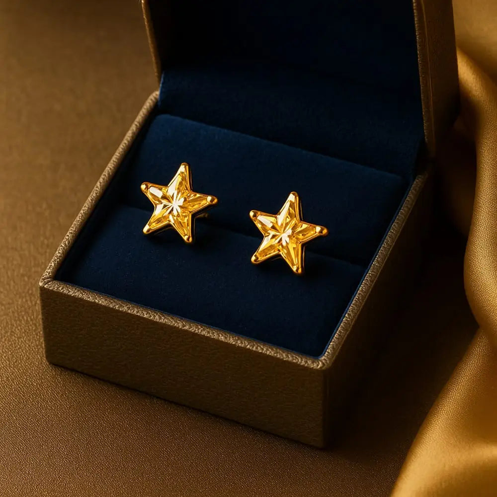 Women’s yellow star crystal stud earrings with real gold plating, handcrafted on a copper and brass base. These pushback earrings feature a bright yellow gemstone in a star shape that adds elegance and radiance to your look. Perfect for daily wear, parties, or gifting – from ZHome, Real, Good-Looking Jewellery.