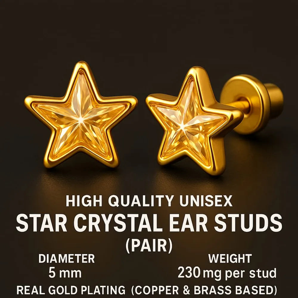 Women’s yellow star crystal stud earrings with real gold plating, handcrafted on a copper and brass base. These pushback earrings feature a bright yellow gemstone in a star shape that adds elegance and radiance to your look. Perfect for daily wear, parties, or gifting – from ZHome, Real, Good-Looking Jewellery.